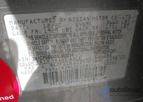 2021 Nissan Kicks S Xtronic Cvt из США, поврежденный, VIN 3N1CP5BV4ML465214